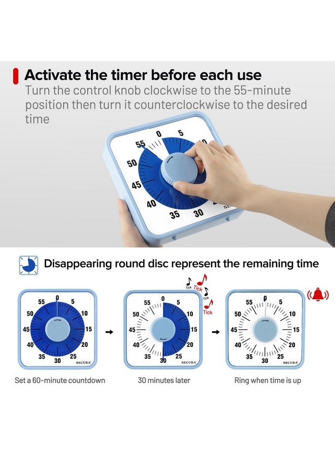 سيكورا مؤقت سيكورا البصري مقاس 7.5 بوصة، مؤقت تنازلي بصري كبير الحجم لمدة 60 دقيقة للأطفال والكبار، أداة إدارة وقت ميكانيكية متينة (أزرق) - Image 3