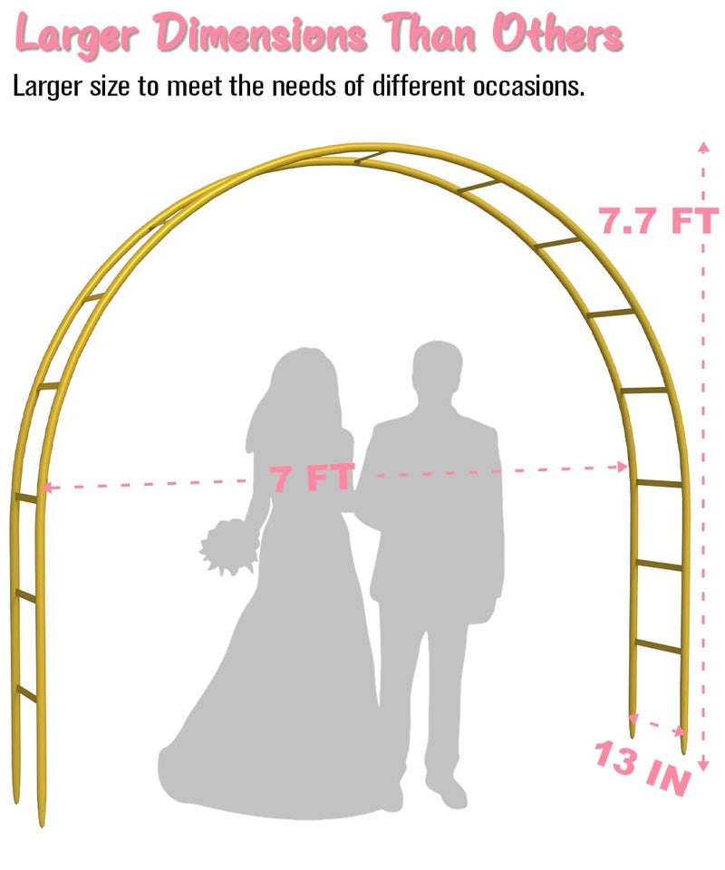 Queension Metal Arch Backdrop Stand 7Ft Wide 7.7Ft High, Wedding Arch Frame for Wedding Decorations, Balloon Arch Stand with Base for Ceremony, Outdoor Garden Arch Trellis for Climbing Plants, Gold - Image 2