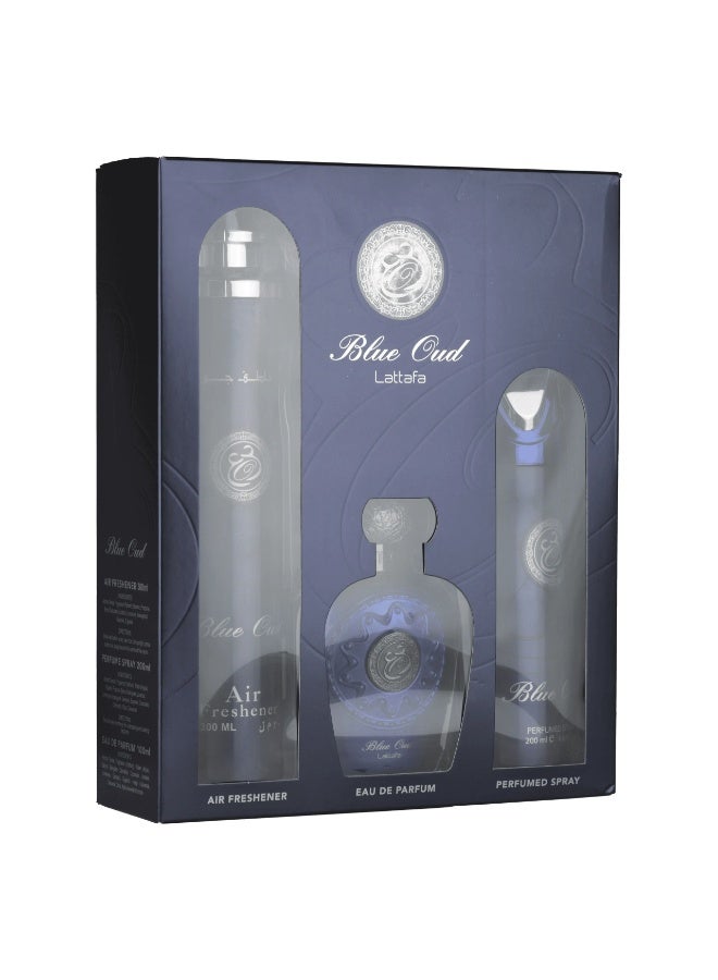 مجموعة هدايا بلو عود: ماء عطر 100 مل + بخاخ معطر 200 مل + معطر جو 300 مل