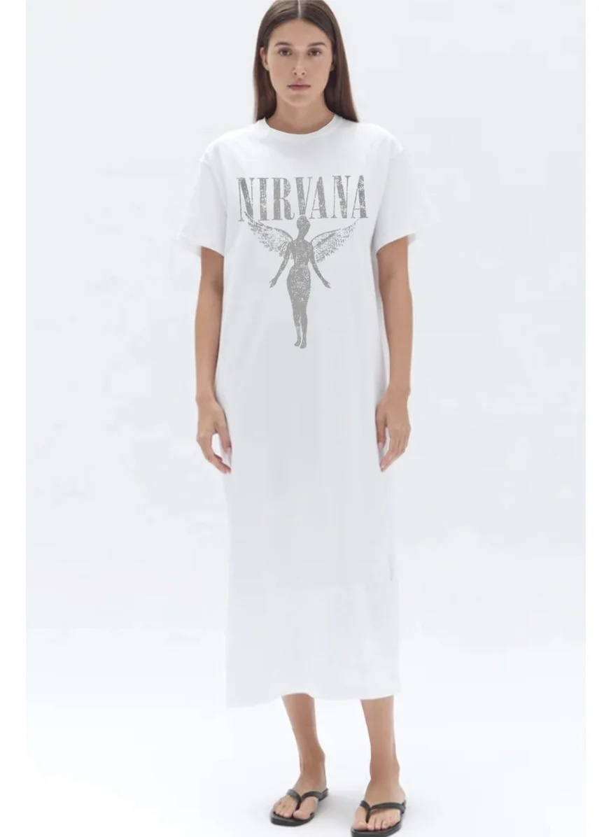 Rock&Roll Rock & Roll Angel Nirvana White Crew Neck Short Sleeve Combed Cotton Long Dress