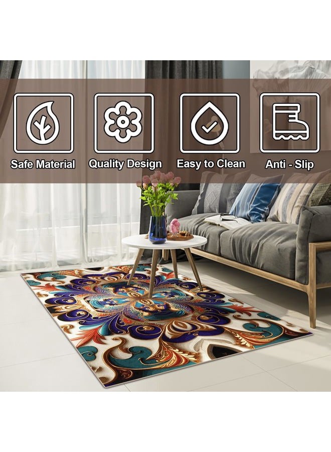 GUG Washable Area Rug, Non-Slip Vintage Hallway Rug Runner with Upgrade Rubber Backing, Stain Resistant Faux Wool Distressed Carpet for Bedroom Kitchen Laundry Corridor Balcony (86" x 63") - Image 3