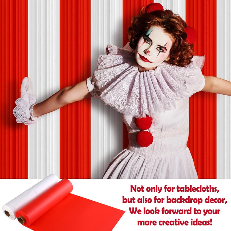 Kochorie 2 Rolls 54'' x 100â€™ Circus Tablecloth Roll Red and White Solid Color Table Cover with Slide Cutter Disposable DIY Carnival Tent Party Supplies for Stage Backdrop Curtains Ceiling Wall Drapes - Image 5