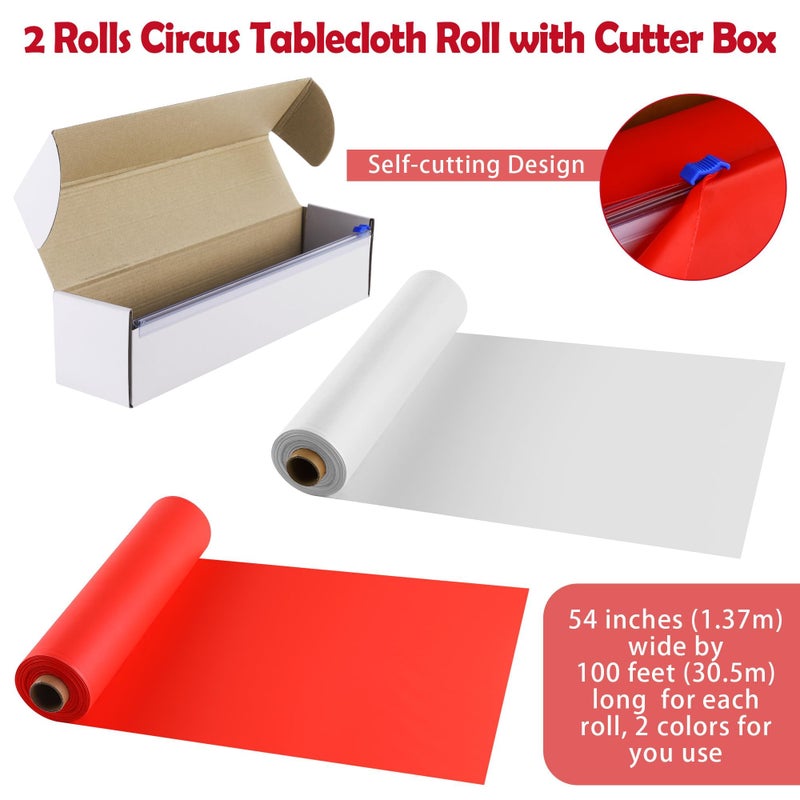 Kochorie 2 Rolls 54'' x 100â€™ Circus Tablecloth Roll Red and White Solid Color Table Cover with Slide Cutter Disposable DIY Carnival Tent Party Supplies for Stage Backdrop Curtains Ceiling Wall Drapes - Image 2