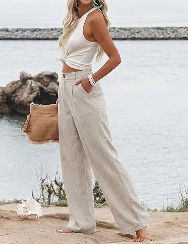 Hooever Womens Cotton Linen Pants Casual Button Up High Waisted Wide Leg Trousers(haki-XL) Khaki - Image 2