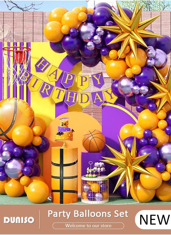 DUNISO Basketball Theme Balloon Arch Kit, 95 PCS Balloons with Gold Purple Star Foil Balloons for Boys Basketball Party Sport Theme Birthday Graduation Anniversary Wedding Baby Shower Decorations - Image 1