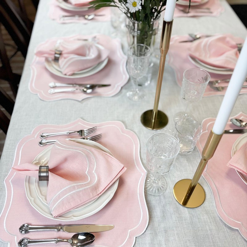 Bryonia Cotton Linen Placemats Set of 4 - Double Layered, Machine Washable, Scalloped & Embroidered Cloth Table Mats - Wedding, Easter Mats, 19 x 17 inch, Light Pink - Image 2