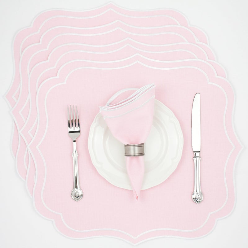Bryonia Cotton Linen Placemats Set of 4 - Double Layered, Machine Washable, Scalloped & Embroidered Cloth Table Mats - Wedding, Easter Mats, 19 x 17 inch, Light Pink - Image 1