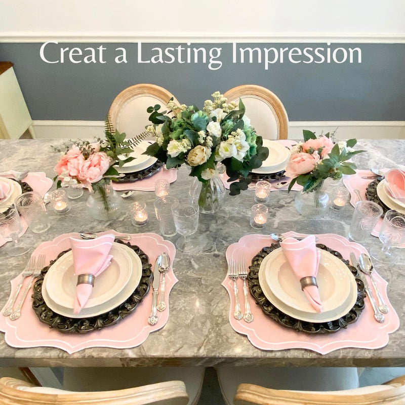 Bryonia Cotton Linen Placemats Set of 4 - Double Layered, Machine Washable, Scalloped & Embroidered Cloth Table Mats - Wedding, Easter Mats, 19 x 17 inch, Light Pink - Image 3