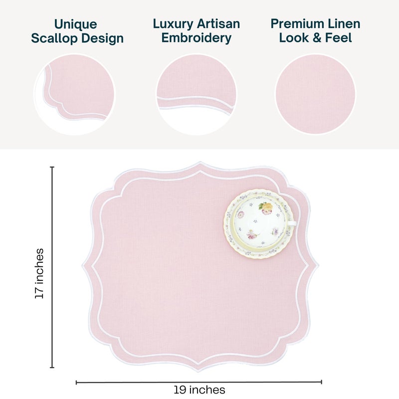 Bryonia Cotton Linen Placemats Set of 4 - Double Layered, Machine Washable, Scalloped & Embroidered Cloth Table Mats - Wedding, Easter Mats, 19 x 17 inch, Light Pink - Image 5