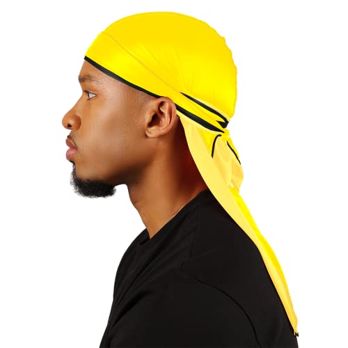 Superstitch Supersilky Ultra Silky Durag x Wavebuilder | 30+ Styles Premium Designer Durags for Men | 360 Waves | Yellow with Black Edges (Watch Out) - Image 1