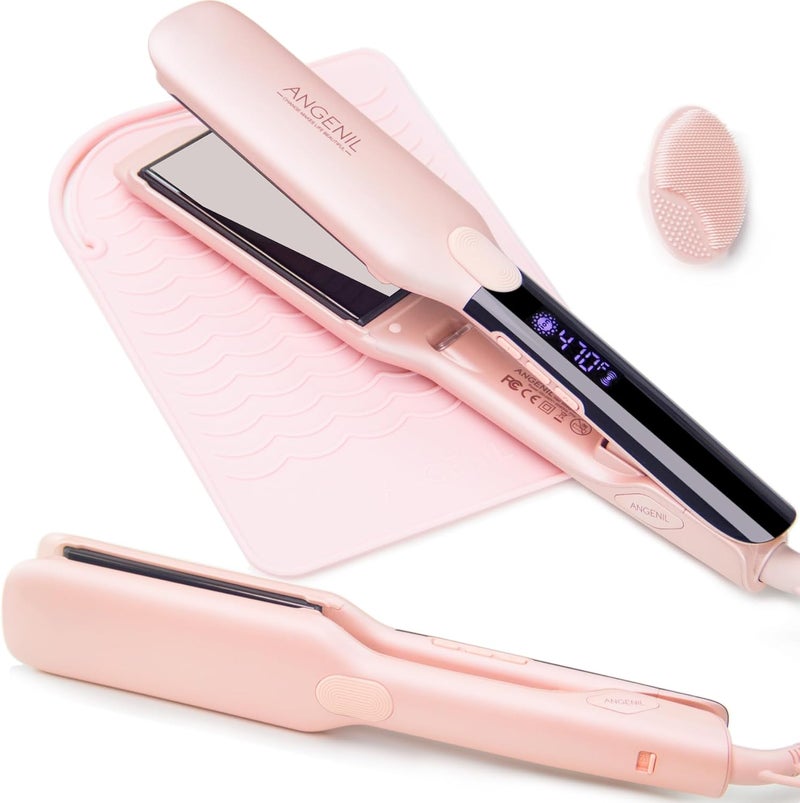 ANGENIL Pro Titanium Flat Iron Hair Straightener 175 Wide Salon Grade Dual Voltage Straightening and Curler 2in1 with Heat Resistant Silicone Mat Adjustable Temp 240F470F 15s Fast Heating