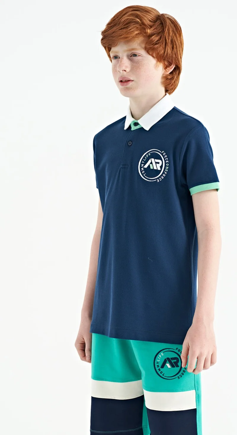 تومي لايف Indigo Sleeve End Colored Logo Embroidered Standard Size Polo Collar Boy T-Shirt - 11138