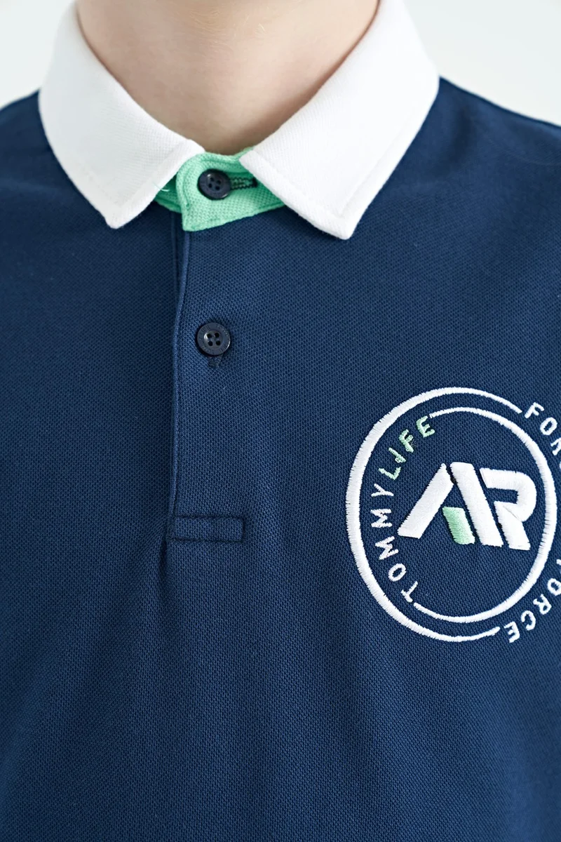 تومي لايف Indigo Sleeve End Colored Logo Embroidered Standard Size Polo Collar Boy T-Shirt - 11138
