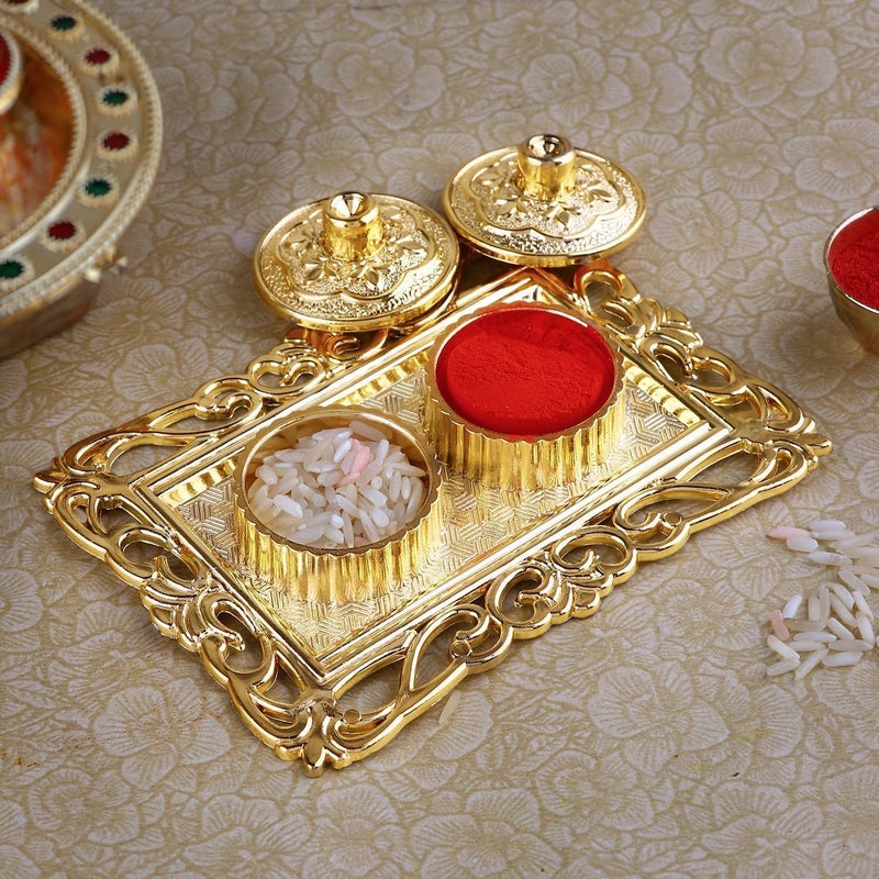 LUXCKY Golden Decorative Designer Roli ChawalRice Holder Kumkum Haldi Holder Rakhi Pooja Thali Indian Festival Diwali Pujan Mandir Tika Roli Plate Rectangle Shape