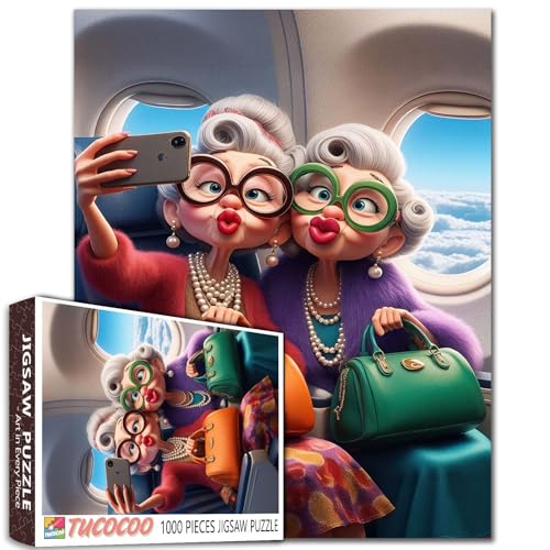 Tucocoo Fashionable Senior Ladies On Airplane Jigsaw Puzzle for Adults Students Funny Cartoon Style 1000 Pieces 2027 Inches Colorful Travel Humor Puzzle Gift Idea for Relaxing and Creative Time Wall Decor - Image 1