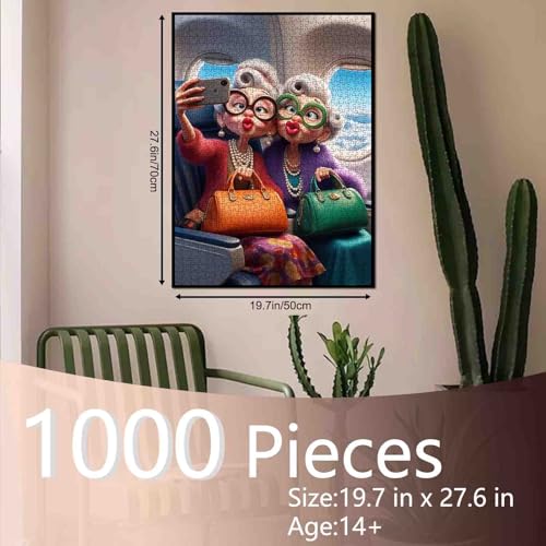 Tucocoo Fashionable Senior Ladies On Airplane Jigsaw Puzzle for Adults Students Funny Cartoon Style 1000 Pieces 2027 Inches Colorful Travel Humor Puzzle Gift Idea for Relaxing and Creative Time Wall Decor - Image 5