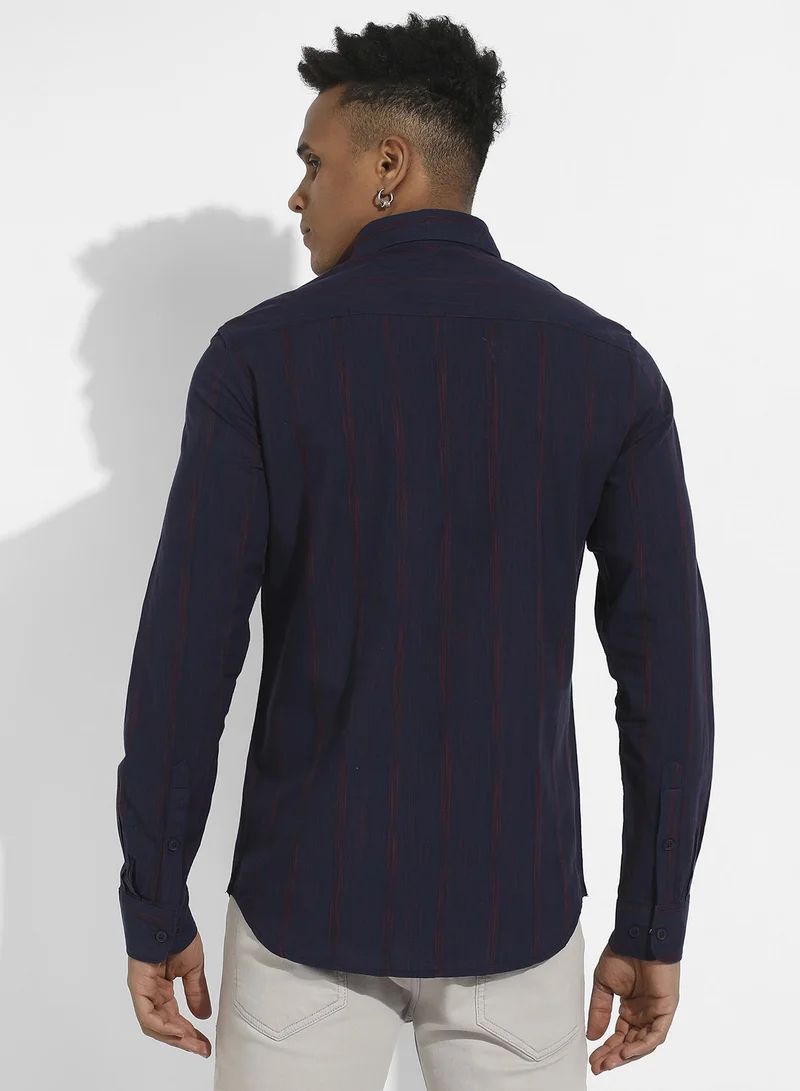 Campus Sutra Men's Navy Blue & Red Ombre Striped Shirt