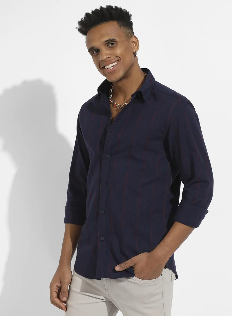 Campus Sutra Men's Navy Blue & Red Ombre Striped Shirt
