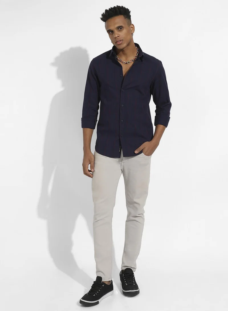 Campus Sutra Men's Navy Blue & Red Ombre Striped Shirt