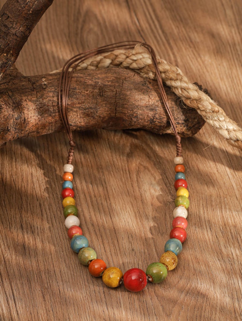 MINACHI Hippie Boho Colorful Ceramic Round Spherical Bead Necklace, Bohemian Summer Fall Statement Jewelry Gifts for Women - Image 3