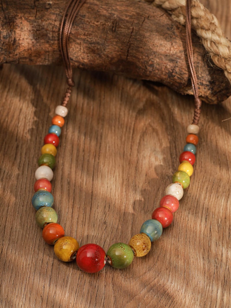 MINACHI Hippie Boho Colorful Ceramic Round Spherical Bead Necklace, Bohemian Summer Fall Statement Jewelry Gifts for Women - Image 2