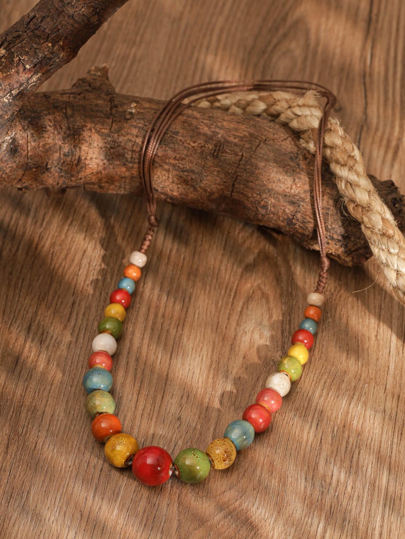 MINACHI Hippie Boho Colorful Ceramic Round Spherical Bead Necklace, Bohemian Summer Fall Statement Jewelry Gifts for Women - Image 4