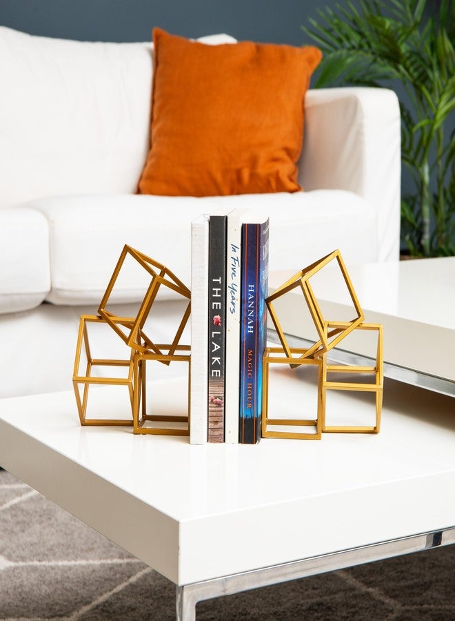 Mind Reader Decorative Geometric Cube Bookends, Modern Book Holders, Office Decor, Metal, Set of 2, Gold - Image 4