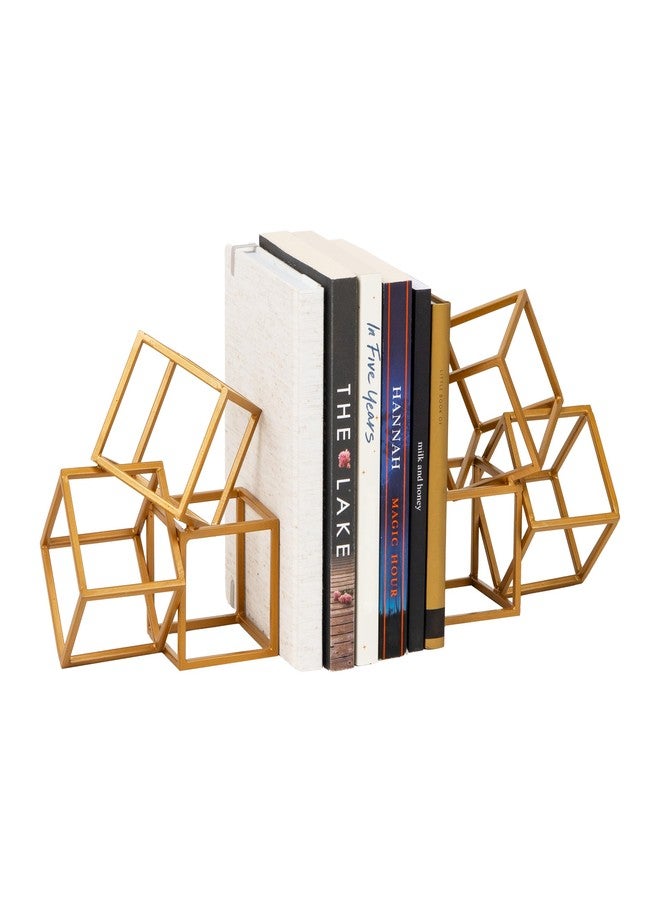 Mind Reader Decorative Geometric Cube Bookends, Modern Book Holders, Office Decor, Metal, Set of 2, Gold - Image 1