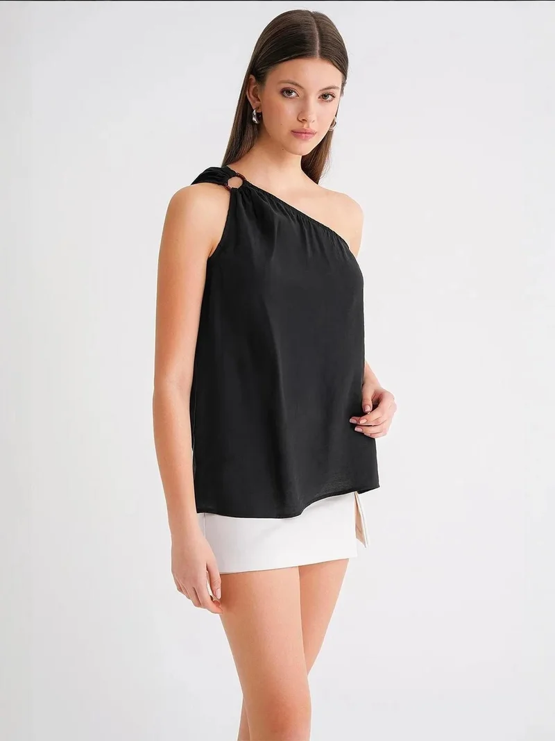 MixRay Black Mixray Asymmetrical Collar Accessory Detailed Top for Women | Best Price UAE