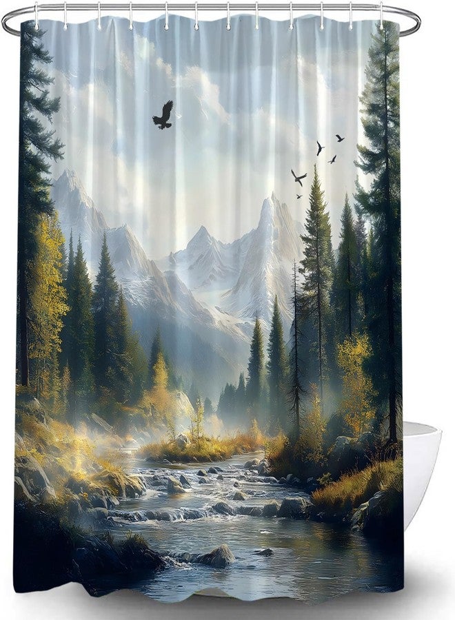 Eagle Forest Shower Curtain Spring Mountain River Tree Nature Scenery Landscape Wild Animal Bird Jungle Wildlife Rustic Farmhouse Country Bathroom Decor Shower Curtain Sets - Image 4