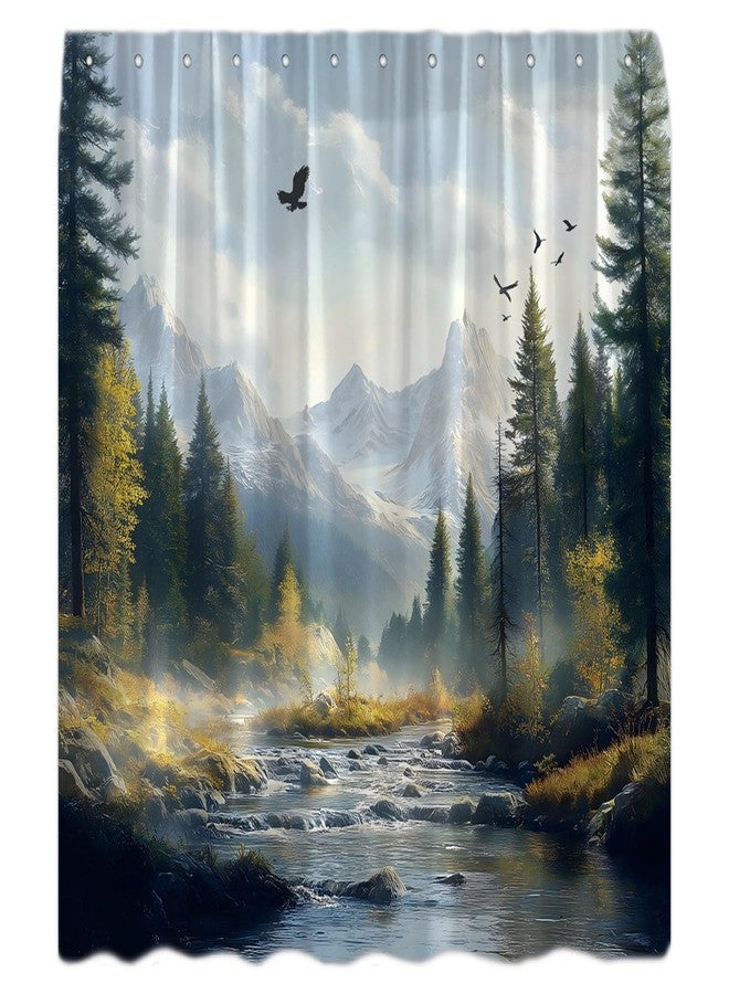 Eagle Forest Shower Curtain Spring Mountain River Tree Nature Scenery Landscape Wild Animal Bird Jungle Wildlife Rustic Farmhouse Country Bathroom Decor Shower Curtain Sets - Image 5