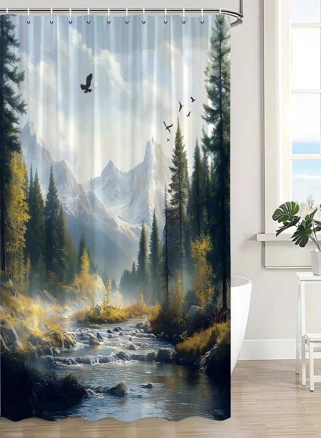 Eagle Forest Shower Curtain Spring Mountain River Tree Nature Scenery Landscape Wild Animal Bird Jungle Wildlife Rustic Farmhouse Country Bathroom Decor Shower Curtain Sets - Image 2
