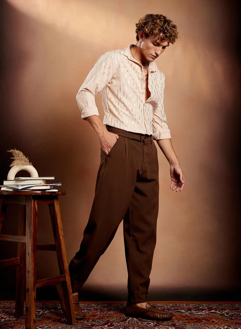 Campus Sutra Campus Sutra Men's Ecru Beige Metallic-Vined Shirt For Casual Wear | Spread Collar | Long Cuffed Sleeves | Button Closure | Shirt Crafted With Comfort Fit For Everyday Wear