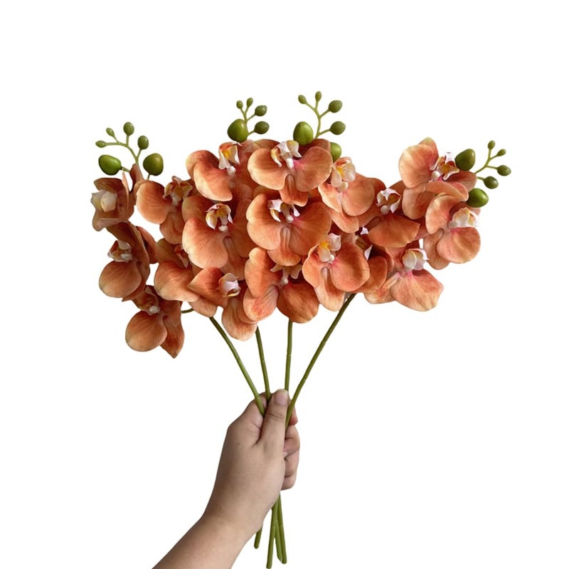 DODXIAOBEUL 4-Pcs Artificial Flowers Real Touch Latex Phalaenopsis 17.7inch Artificial Orchid Stem Bouquets for Wedding Party Home Garden Decor,Orange - Image 1