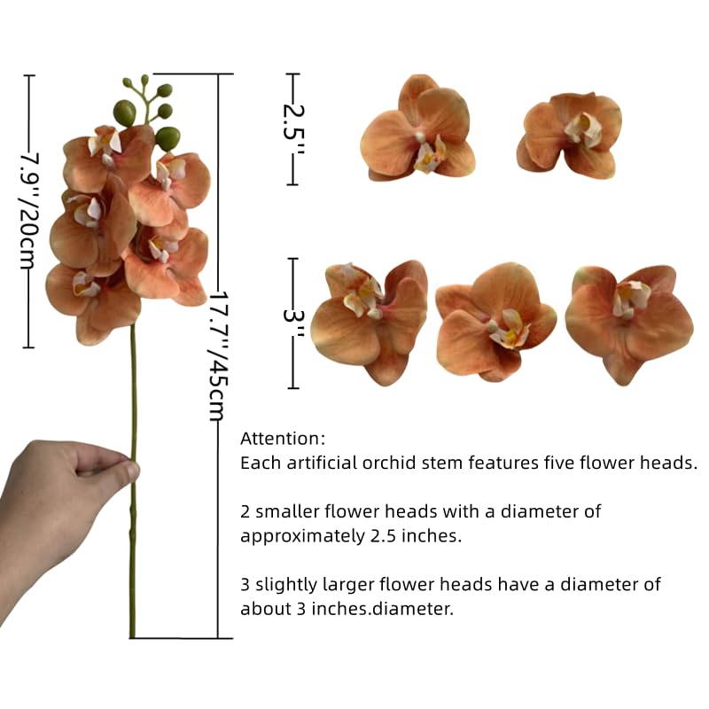 DODXIAOBEUL 4-Pcs Artificial Flowers Real Touch Latex Phalaenopsis 17.7inch Artificial Orchid Stem Bouquets for Wedding Party Home Garden Decor,Orange - Image 2
