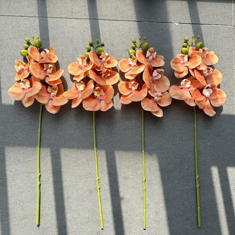 DODXIAOBEUL 4-Pcs Artificial Flowers Real Touch Latex Phalaenopsis 17.7inch Artificial Orchid Stem Bouquets for Wedding Party Home Garden Decor,Orange - Image 3