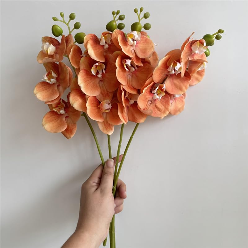 DODXIAOBEUL 4-Pcs Artificial Flowers Real Touch Latex Phalaenopsis 17.7inch Artificial Orchid Stem Bouquets for Wedding Party Home Garden Decor,Orange - Image 4