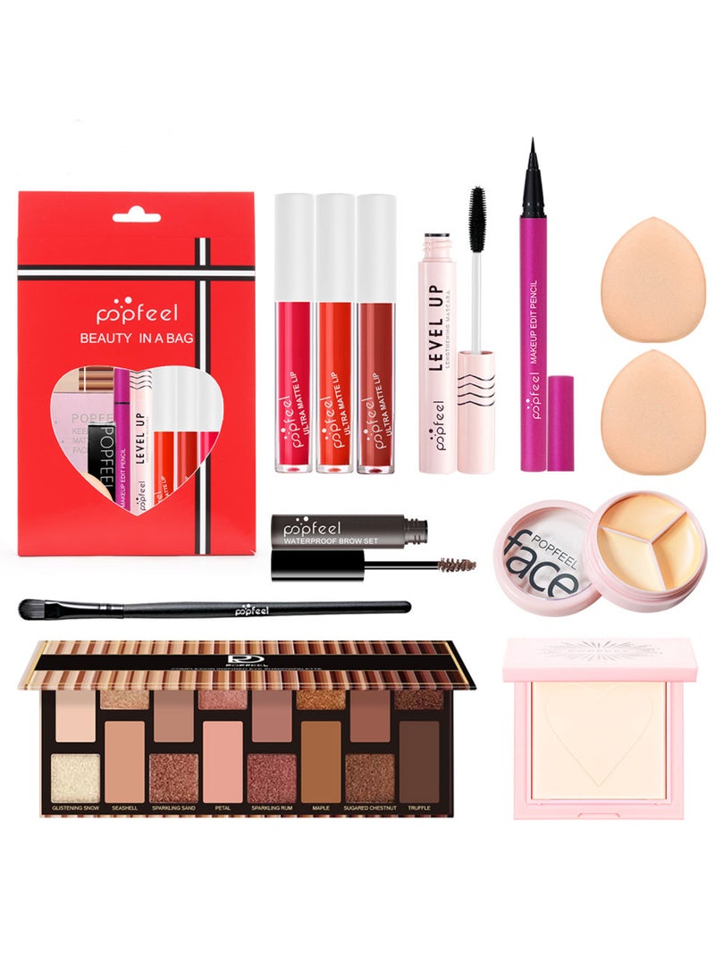 popfeel 12-in-1 New Beginners Makeup Set with 16 Color Eye Shadow Plate, 3 Color Concealer, Eyeliner,  3 Color Ultra Matte Lip, Level Up Lengthening Mascar,   Lightweight Pro Face Powder, Waterproof Brow Set, 2 Pcs Powder Puff  and Makeup Brush | Full Kit Makeup Must-have Starter Kit Suitable For Beginners  - Image 1