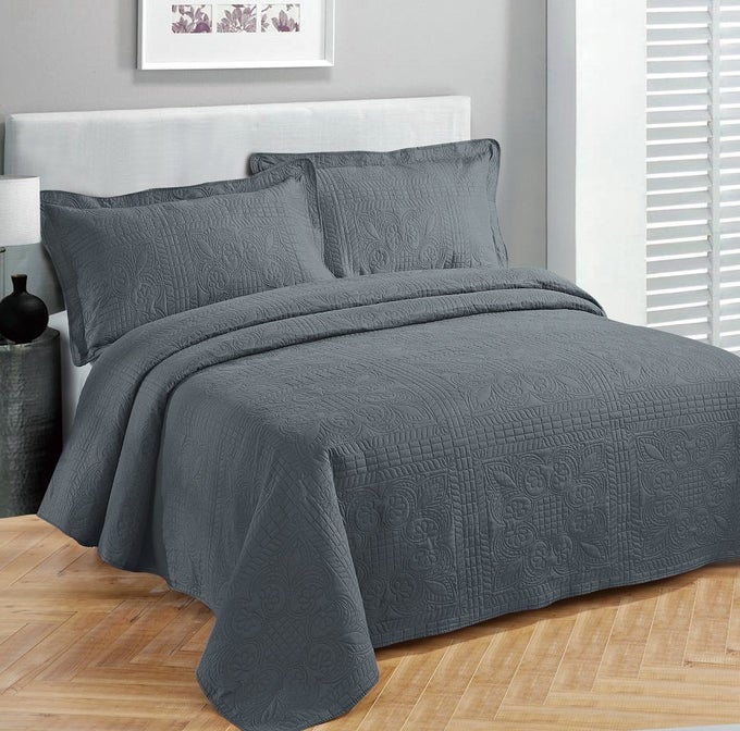 FANCY COLLECTION LUXURY BEDSPREAD COVERLET EMBOSSED BED COVER SOLID CHARCOAL NEW OVER SIZE 100X106 FULLQUEEN
