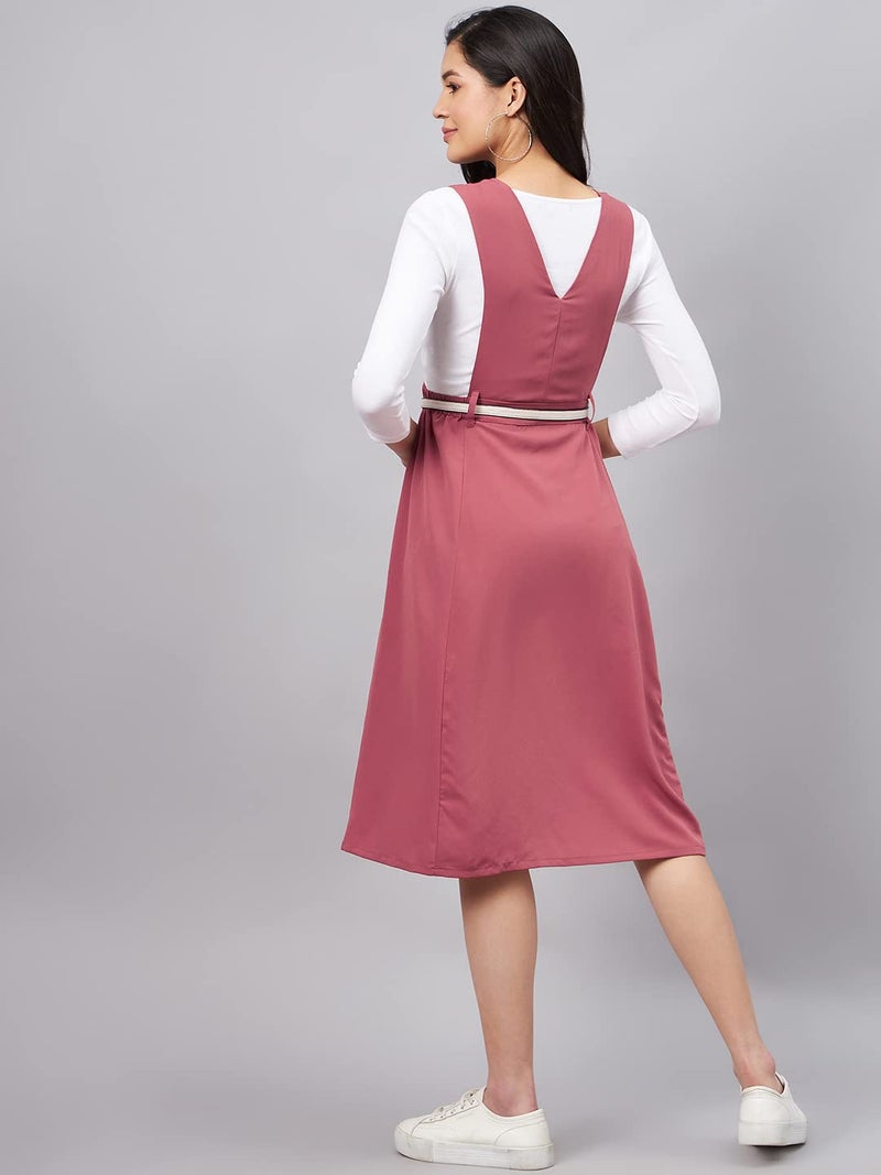 WineRed Women Midi Pink Solid Pinafore Dress with Button, Small - Image 5
