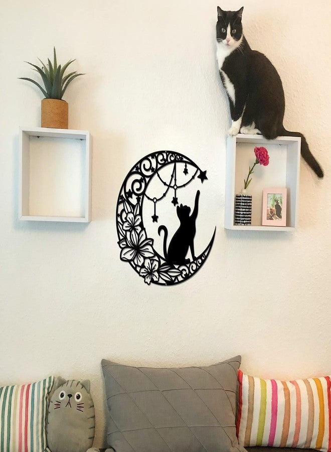NBEADS Cat Metal Wall Art Decor, 11.8" Moon and Cat Black Wall Hanging Decor Silhouette Wall Art for Home Bedroom Living Room Bathroom Kitchen Office Garden Hotel Wall Decoration - Image 2