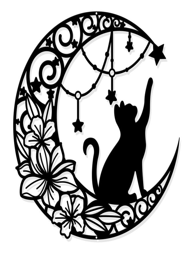 NBEADS Cat Metal Wall Art Decor, 11.8" Moon and Cat Black Wall Hanging Decor Silhouette Wall Art for Home Bedroom Living Room Bathroom Kitchen Office Garden Hotel Wall Decoration - Image 1
