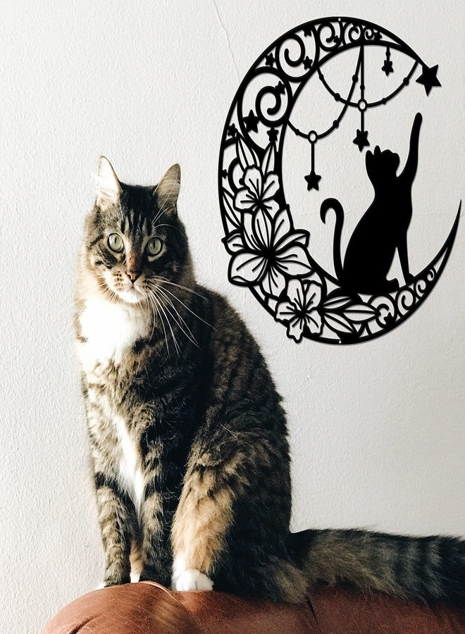 NBEADS Cat Metal Wall Art Decor, 11.8" Moon and Cat Black Wall Hanging Decor Silhouette Wall Art for Home Bedroom Living Room Bathroom Kitchen Office Garden Hotel Wall Decoration - Image 3
