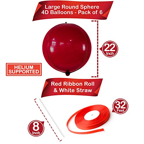 KatchOn Big Metallic Ruby Red Balloons 22 Inch Pack of 6 Round 4D Mylar Balloon for Valentines Day Decorations Valentines Balloons for Galentines Decorations Red Party Decoration Birthday - Image 5