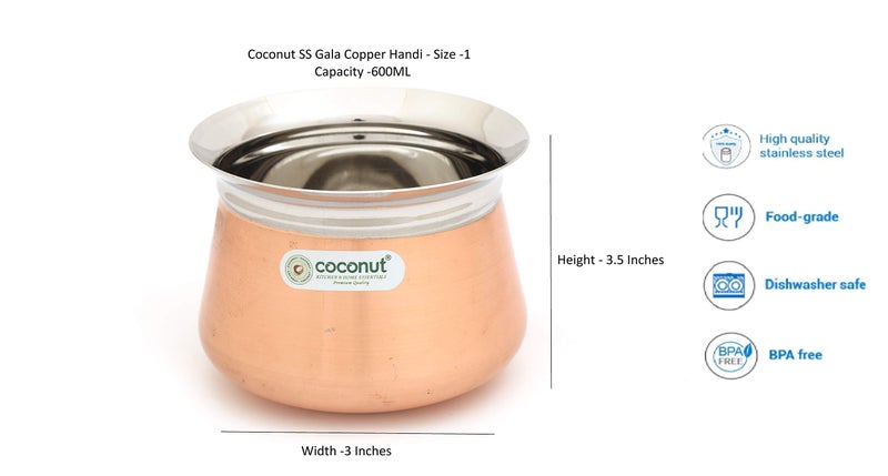 Coconut Stainless Steel Gala FC Copper Handi/Cookware (Without Handle & Lid) - 1 Unit - Capacity -600ML - Image 3