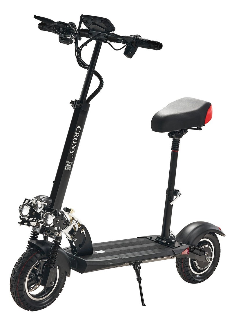 Crony V10 Big LCD Display 1200W Motor E-Scooter, 48V 12AH Battery, 28–42 MRH Max Speed 20-40KM Range, 10” Off-Road Rubber Tires, Dual Disc Brakes, Front & Rear Suspension, Foldable Aluminum Frame, Triple LED Headlights, LED Base Lighting, Electric Scooter for Adults/Teens with Seat, Heavy Duty 265 lbs Load Capacity, Fast Urban Commuter E-Skateboard for Teens and Adults, Long Range, E-bike with Solid Tires and Easy Folding Design, Fast Urban Commuter Motorized Scooter,Perfect Scooter for Outdoor Adventures, Black  - Image 1