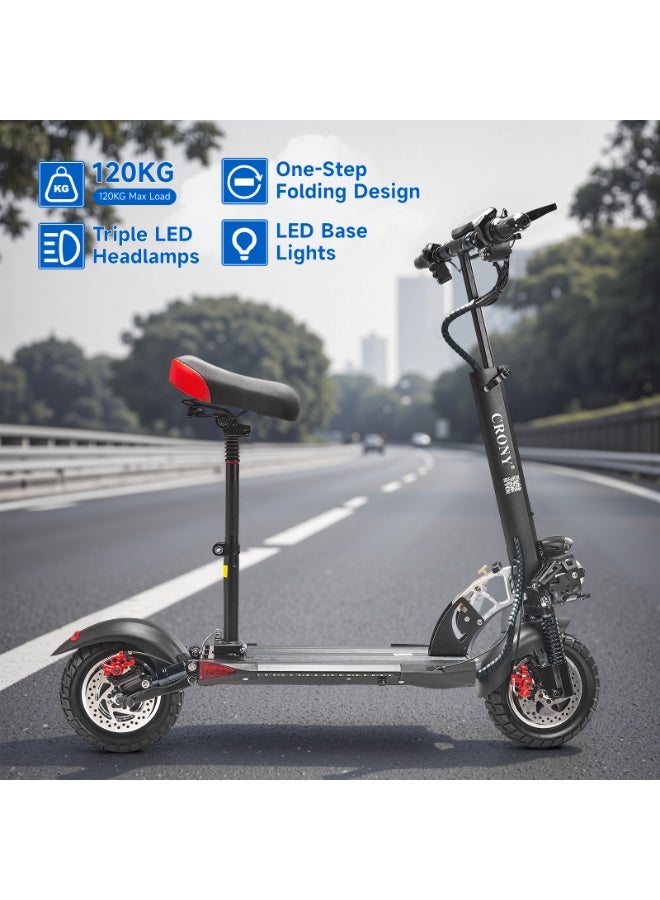 Crony V10 Big LED Display 1200W Motor E-Scooter, 48V 12AH Battery, 28–42 MRH Max Speed 20-40KM Range, 10” Off-Road Rubber Tires, Dual Disc Brakes, Front & Rear Suspension, Foldable Aluminum Frame, Triple LED Headlights, LED Base Lighting, Electric Scooter for Adults/Teens with Seat, Heavy Duty 265 lbs Load Capacity, Fast Urban Commuter E-Skateboard for Teens and Adults, Long Range, E-bike with Solid Tires and Easy Folding Design, Fast Urban Commuter Motorized Scooter,Perfect Scooter for Outdoor Adventures, Black - Image 4