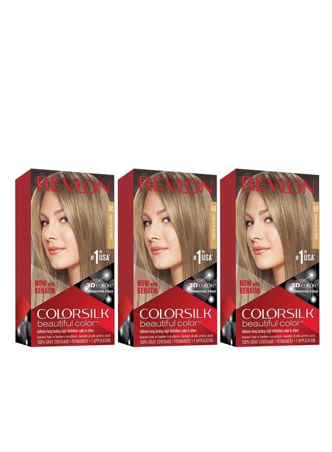 Revlon Permanent Hair Color, Permanent Hair Dye, Colorsilk with 100% Gray Coverage, Ammonia-Free, Keratin and Amino Acids, 60 Dark Ash Blonde, 4.4 Oz (Pack of 3) - Image 1