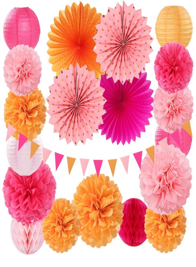 burgleda Pink-Orange Fall Party-Decorations Paper-Flowers Lanterns - 20PCS Autumn Wedding Birthday Tissue Pom Poms Streamers Fans Honeycomb, Groovy Boho Baby Shower Rustic Hanging Supplies Decor Burgleda - Image 1