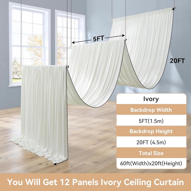 NSSONBEN 60ft×20ft Ivory Ceiling Drapes for Weddings Parties,12 Panels 5×20ft Long Ceiling Curtain for Tent Canopy,Wrinkle Free Silk Easy to Draping&Hang Ivory Drapes for Event Church Stage Photo Bedroom - Image 5
